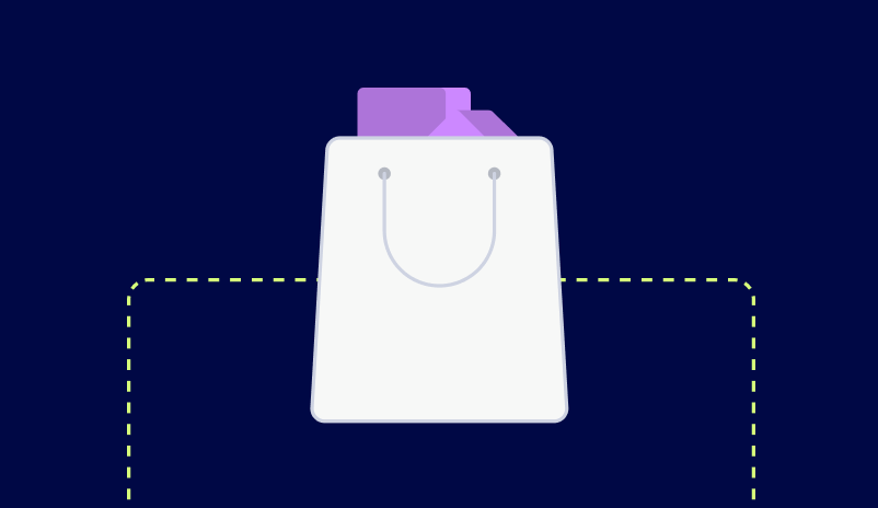 Illustration Of A White Shopping Bag With Purple Items Peeking Out From The Top, Set Against A Dark Blue Background With A Dotted Yellow Line.