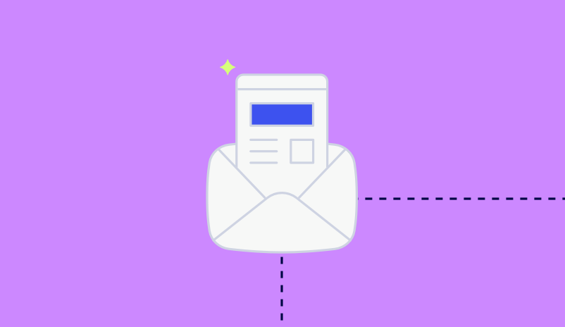 Illustration Of A White Envelope With A Document Inside, Set Against A Purple Background. A Sparkling Star Is Above The Envelope, With Dotted Lines Extending From It.